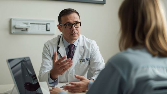 Doctor explaining treatment options while consulting patient at clinic desk with laptop