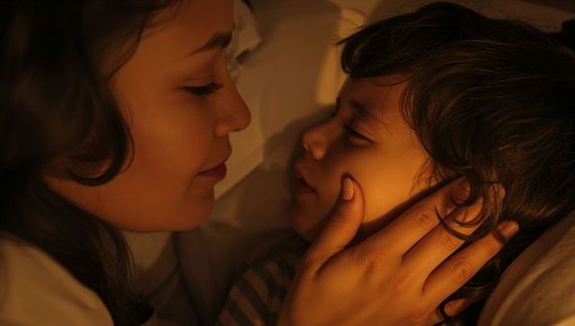 Mother cradling child at bedtime, tender nighttime bonding and gentle touch closeup