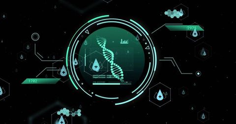 Futuristic DNA HUD Interface with Circular Scanning Display, Bioanalytics and Neon Grid