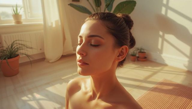 Peaceful Meditation in Sunlit Studio with Plants and Yoga Mat