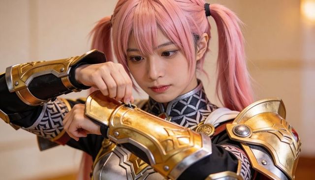 Female cosplayer fastening ornate gold bracer with pink wig and armor at convention