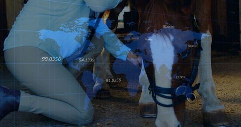 Equestrian care mid-adjustment with futuristic overlay