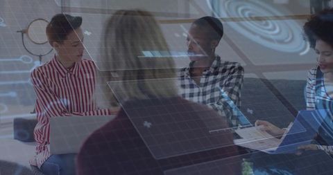 Collaborative team discussing digital transformation with hud overlay in modern lounge