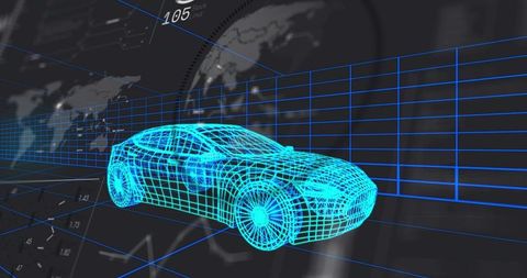 Rotating cyan wireframe car on virtual 3D grid with data readouts
