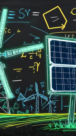 Vertical tutorial showing solar panel and wind turbines drawn on neon chalkboard with equations
