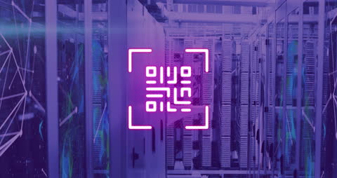 Neon QR Code Overlay on Modern Server Room