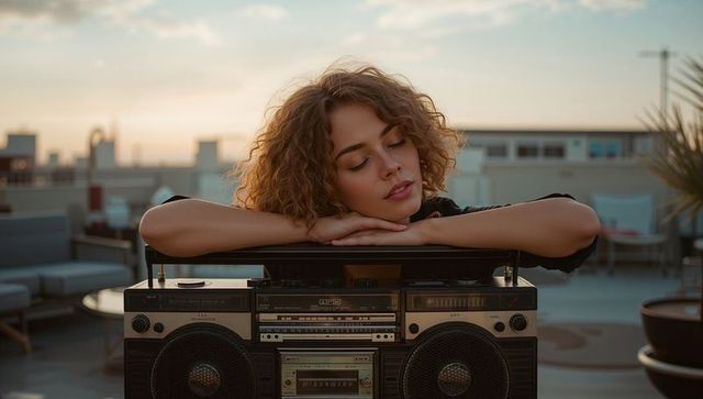 Woman relaxing with vintage boombox on rooftop at dusk
