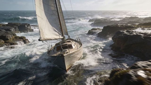 Sailboat cutting through narrow rocky channel with mainsail, spray and dramatic waves
