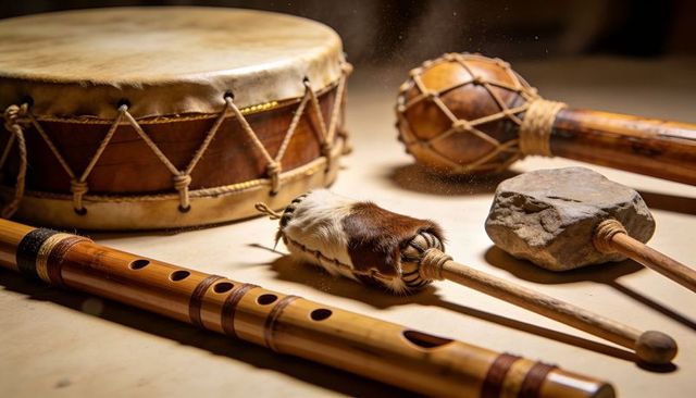 Handcrafted tribal percussion, wooden flutes, frame drum and mallets on rustic tabletop