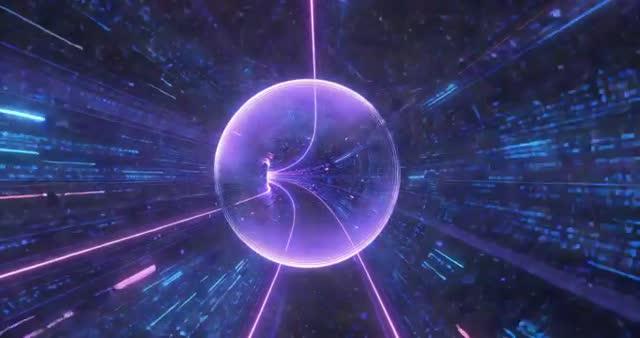 Pulsing Neon Sphere Accelerating Through Digital Data Stream