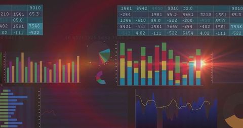 Futuristic digital analytics dashboard with charts and tables