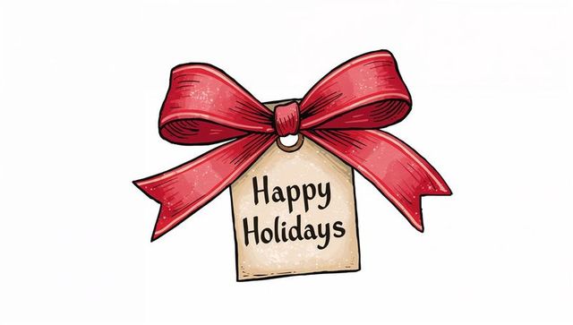 Hand-drawn red ribbon bow with happy holidays tag celebrating seasonal gift giving