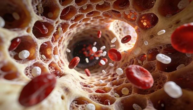 Trabecular bone marrow tunnel with flowing red blood cells and porous lattice structure