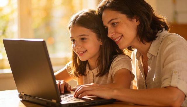 Mother Guiding Daughter Using Laptop in Sunlit Home for Learning and Bonding