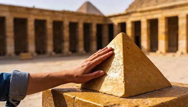 Traveler hand touching small stone pyramid in ancient temple courtyard with colonnade