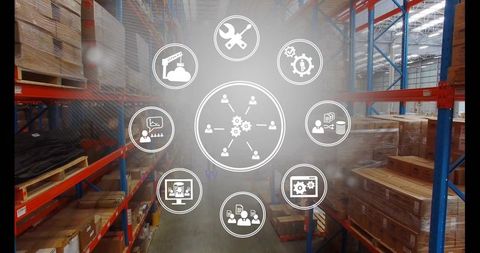 Warehouse automation overlay showing logistics and supply chain icons over pallet racking