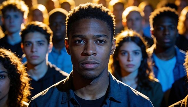 Young man standing under spotlight surrounded by engaged crowd projecting leadership and focus