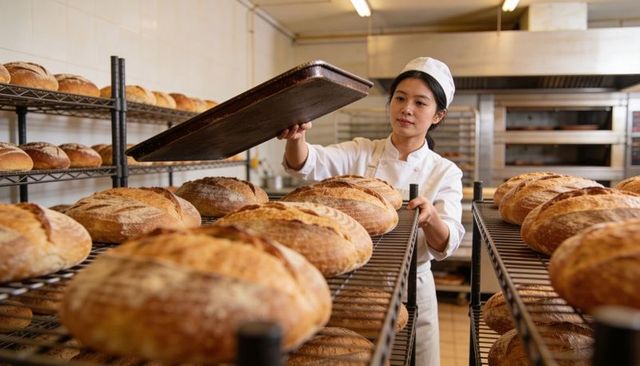 Asian baker placing rustic sourdough loaves on rack in artisan commercial bakery kitchen