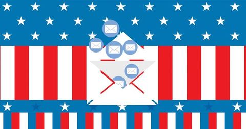 Patriotic email marketing concept featuring envelope sending mail over stars and stripes