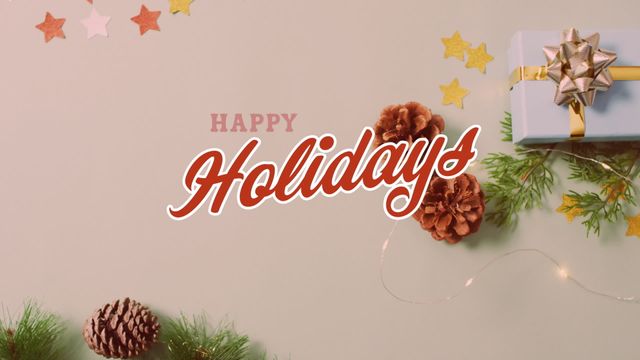 Festive holiday greeting with decorative elements conveys warmth of Christmas season. Christmas present with bow complements sparkling stars, pine cones, evergreen branches. Perfect for virtual holiday cards, seasonal greeting campaigns, or festive event invitations.