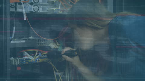 Caucasian Technician Examining Server Room with Data Feedback