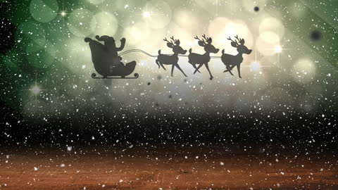 Santa Claus in Sleigh with Reindeer Flying Over Snowy Scene