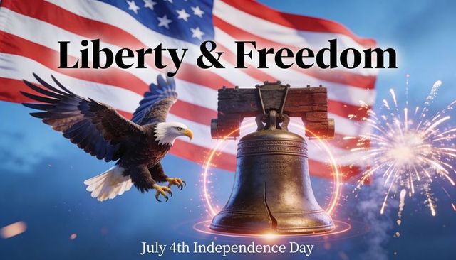 Ringing liberty bell with bald eagle and american flag fireworks for july 4th celebration