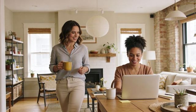 Roommates collaborating in sunlit living room workspace with laptop and coffee mugs