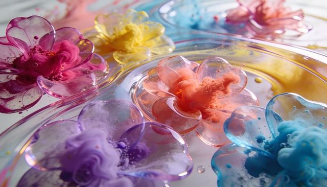 Translucent glass flowers releasing vibrant ink plumes across glossy shallow dish macro
