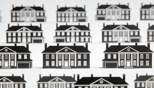 Colonial house silhouettes repeating in rows with central focus and shallow depth of field