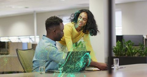 Team Meeting with Futuristic Holographic Technology in Office