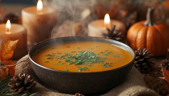 Cozy Autumn Pumpkin Soup Amid Warm Candlelight Ambiance