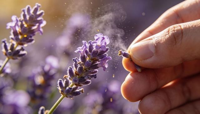 Hand pinching lavender bud releasing pollen in golden sunlight macro floral closeup aromatic