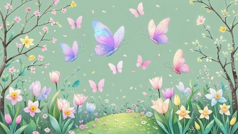 Pastel butterflies fluttering in spring meadow with vibrant tulips