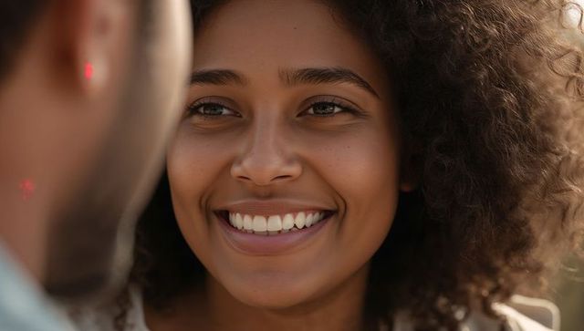 Smiling curly-haired woman meeting gaze in sunlit outdoor closeup