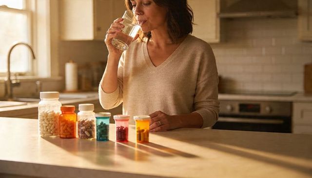 Woman drinking water at kitchen counter with daily medication bottles in warm sunlight