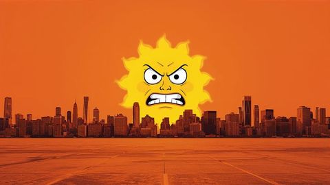 Angry cartoon sun over orange cityscape