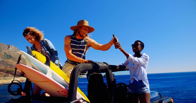 Friends Enjoying Beach Road Trip with Surfboards on Sunny Day - Download Free Stock Images Pikwizard.com