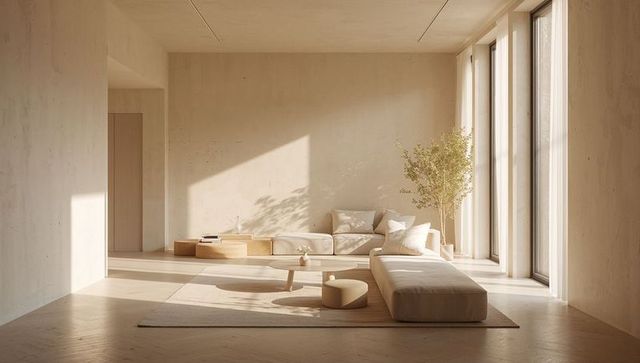 Minimalist neutral living room with low beige sectional chaise ottoman and natural light