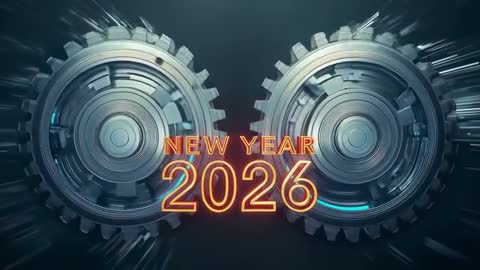 Rotating Metallic Gears with Neon New Year 2026 Text Loop for Futuristic Holiday Openers