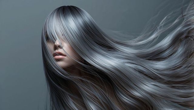 Flowing silver-gray hair sweeping across female face, dramatic glossy tresses in motion