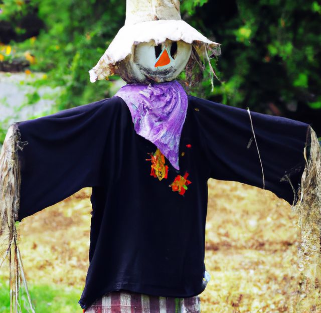 Scarecrow standing in garden on bright summer day with straw arms extended. Wearing a hat, black shirt, and purple scarf, it serves as a creative and functional garden decoration. Ideal for illustrating gardening tips, agricultural practices, summer activities, or rural-themed content.