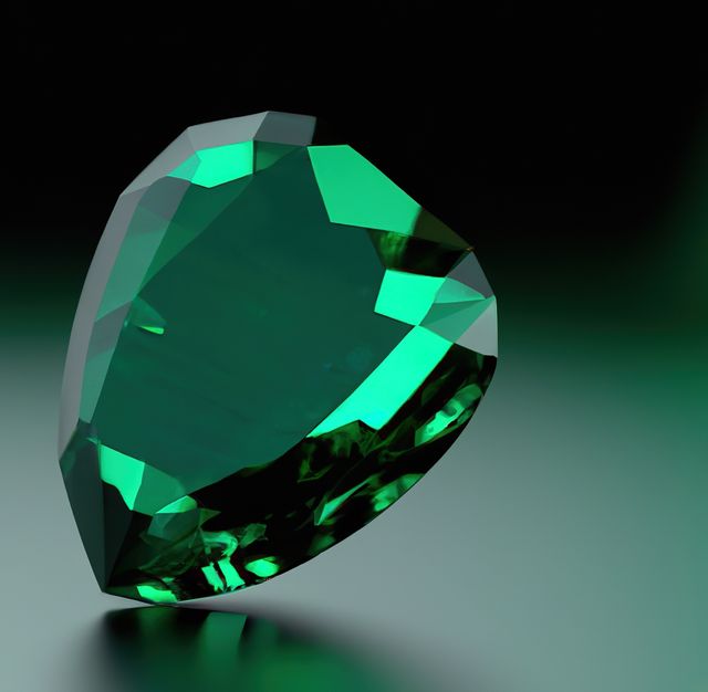 Heart-shaped green emerald gemstone with detailed cut. Perfect visual for advertisements for jewelry stores, engagement rings, luxury items, fashion magazines, gemstone collections, and digital artwork requiring a touch of elegance and luxury.