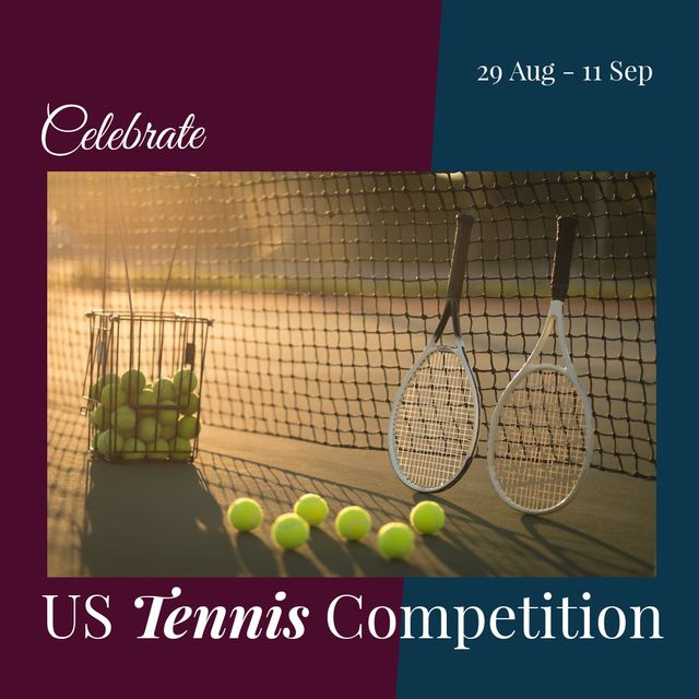 Graphic promoting US Tennis Competition featuring tennis rackets and balls on a court. Ideal for event announcements, sports blogs, athletic promotions, and social media posts related to tennis tournaments.