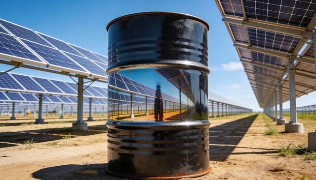 Reflecting silhouette on black metal drum at solar farm with endless photovoltaic rows