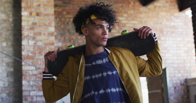 Young Man Holding Skateboard over Shoulders in Urban Setting - Download Free Stock Images Pikwizard.com