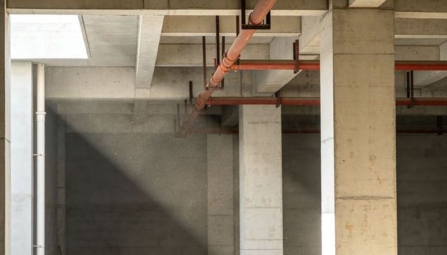 Unfinished concrete structure showing rust pipes, skylight beam, dust and shadows