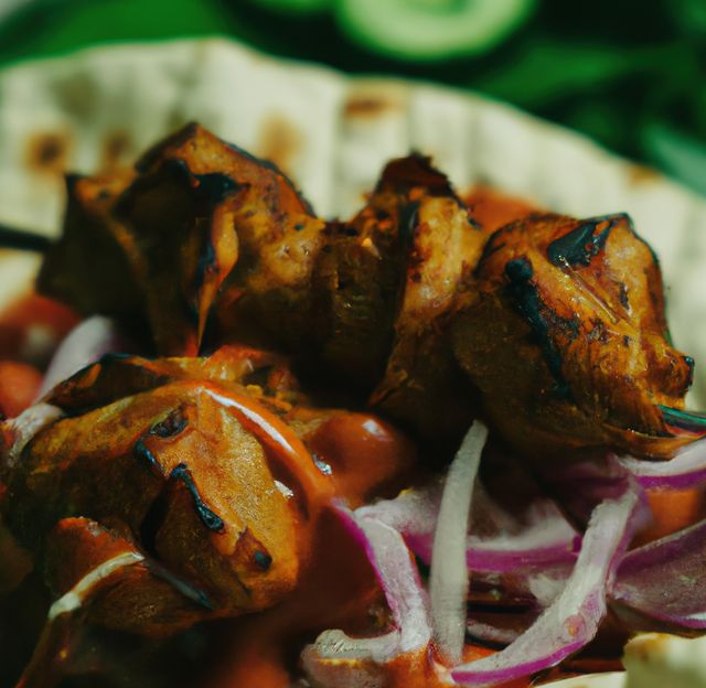 Close-up of grilled chicken skewers with red onions and red sauce, perfect for food bloggers and advertisers for barbecue restaurants or gourmet recipe ideas.