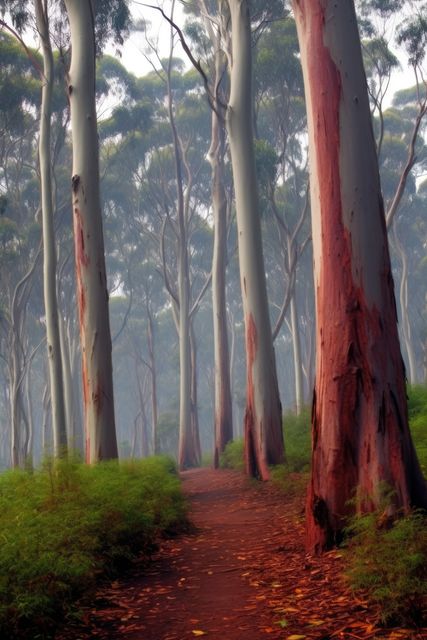 This image shows a peaceful pathway winding through a misty eucalyptus forest. Towering eucalyptus trees with vibrant trunks line the path, and lush green undergrowth fills the foreground. This tranquil scene is perfect for use in nature blogs, relaxation websites, environmental campaigns, and travel promotions emphasizing serene and natural landscapes.
