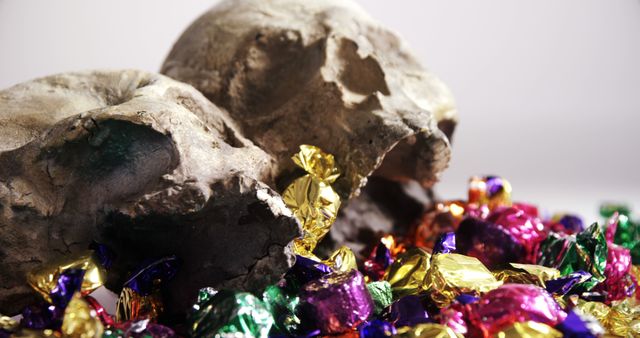 Skulls rest atop a colorful array of shiny, wrapped candies, creating a striking contrast between mortality and festivity. This juxtaposition might symbolize the fleeting nature of life amidst moments of celebration or indulgence.